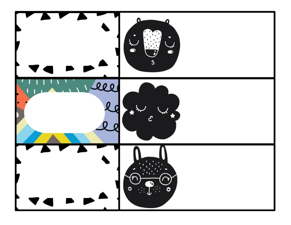 Black bear, cloud and bunny-with-glasses faces on schedule cards, each beside an empty label for an activity