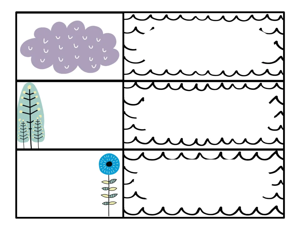 Wide schedule strips: a purple cloud, pine trees and a blue flower beside long scalloped blanks to type in