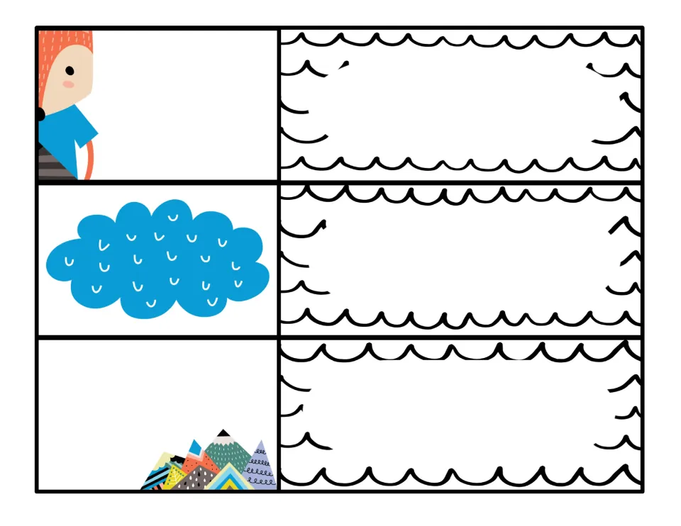 Wide schedule strips with a peeking fox, a blue cloud and small mountains beside long scalloped blanks