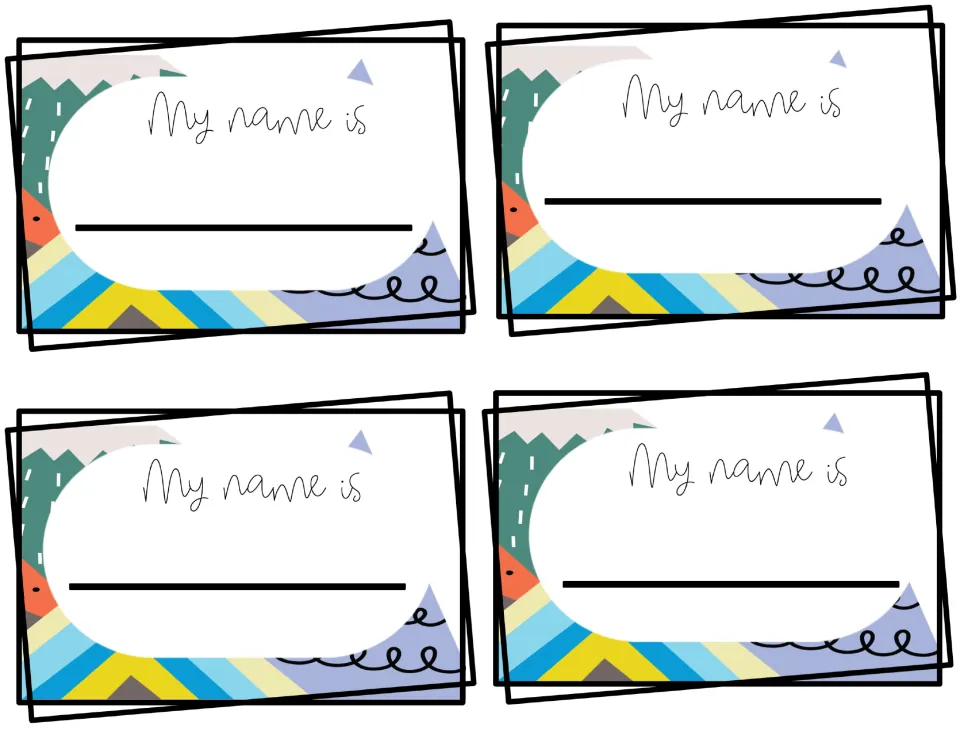 Colorful name tags: four tags with teal, yellow and blue mountain-and-stripe art and a script "My name is" to fill in