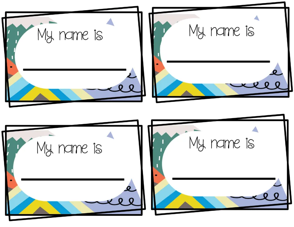Four color name tags with mountain, stripe and swirl art and "My name is" in a print font, ready for a student's name