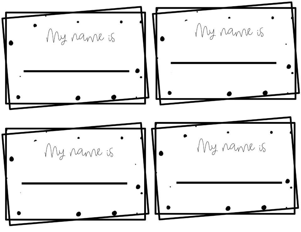 Polka-dot name tags: four black-and-white tags scattered with dots and a script "My name is" heading for writing a name