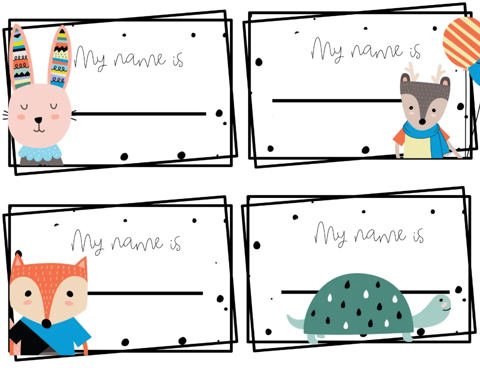 Animal name tags: a bunny, a deer with a balloon, a fox and a turtle each decorate a tag with a script "My name is" heading