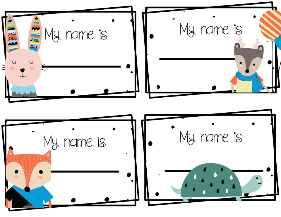Four name tags showing a bunny, deer, fox and turtle beside "My name is" in a print font, with room for a name