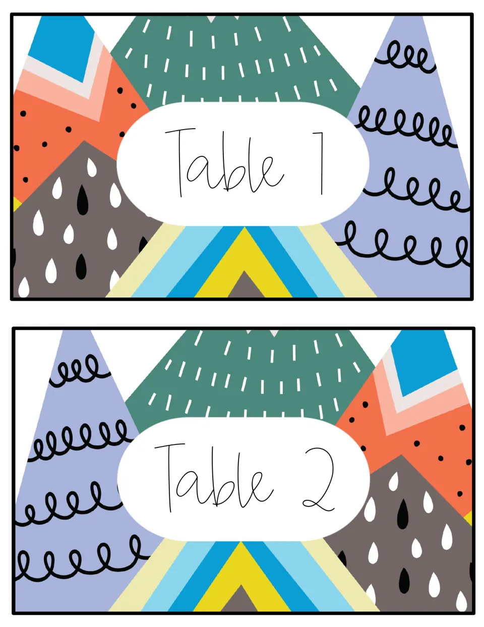 Table number signs 1 and 2: handwritten-style labels set in white ovals over colorful patterned Scandinavian mountains