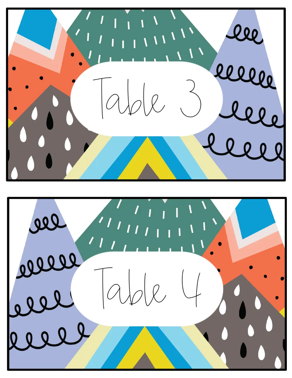 Table number signs 3 and 4 in the mountain design: script labels on white ovals over dotted, swirled and striped peaks