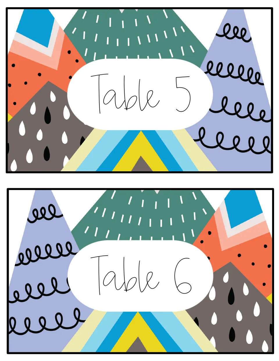 Table number signs 5 and 6: script table labels centered on white ovals over teal, orange and lavender patterned peaks