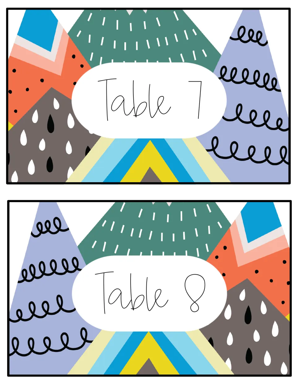 Table number signs 7 and 8 in the colorful mountain style, each label written in thin script inside a white oval