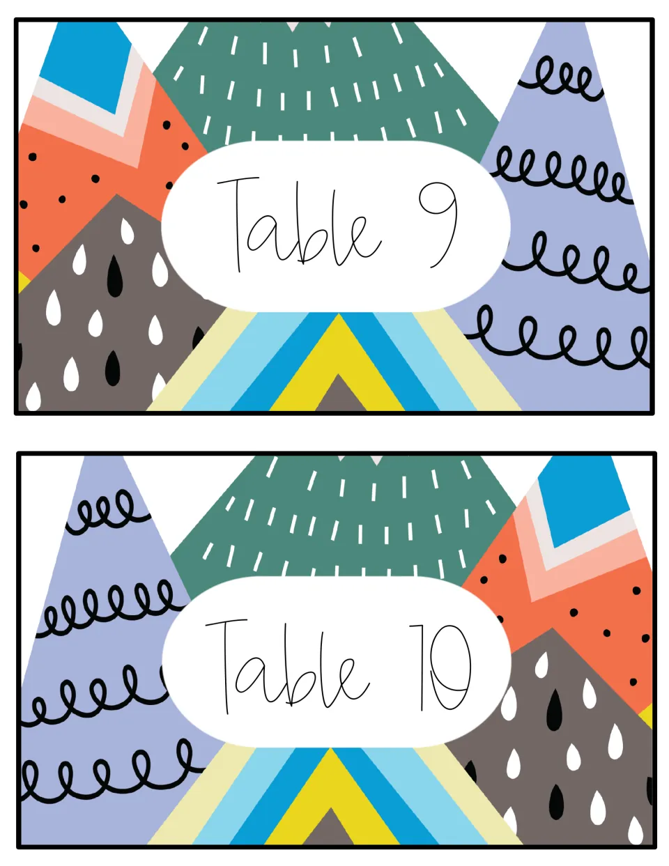 Table number signs 9 and 10, the last pair of the mountain design, with script labels over raindrop and swirl patterns