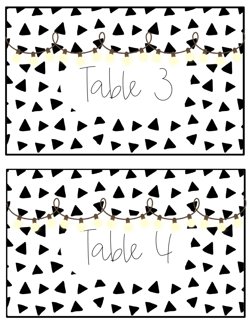 Table number signs 3 and 4 with a strand of warm fairy lights across a white background dotted with black triangles