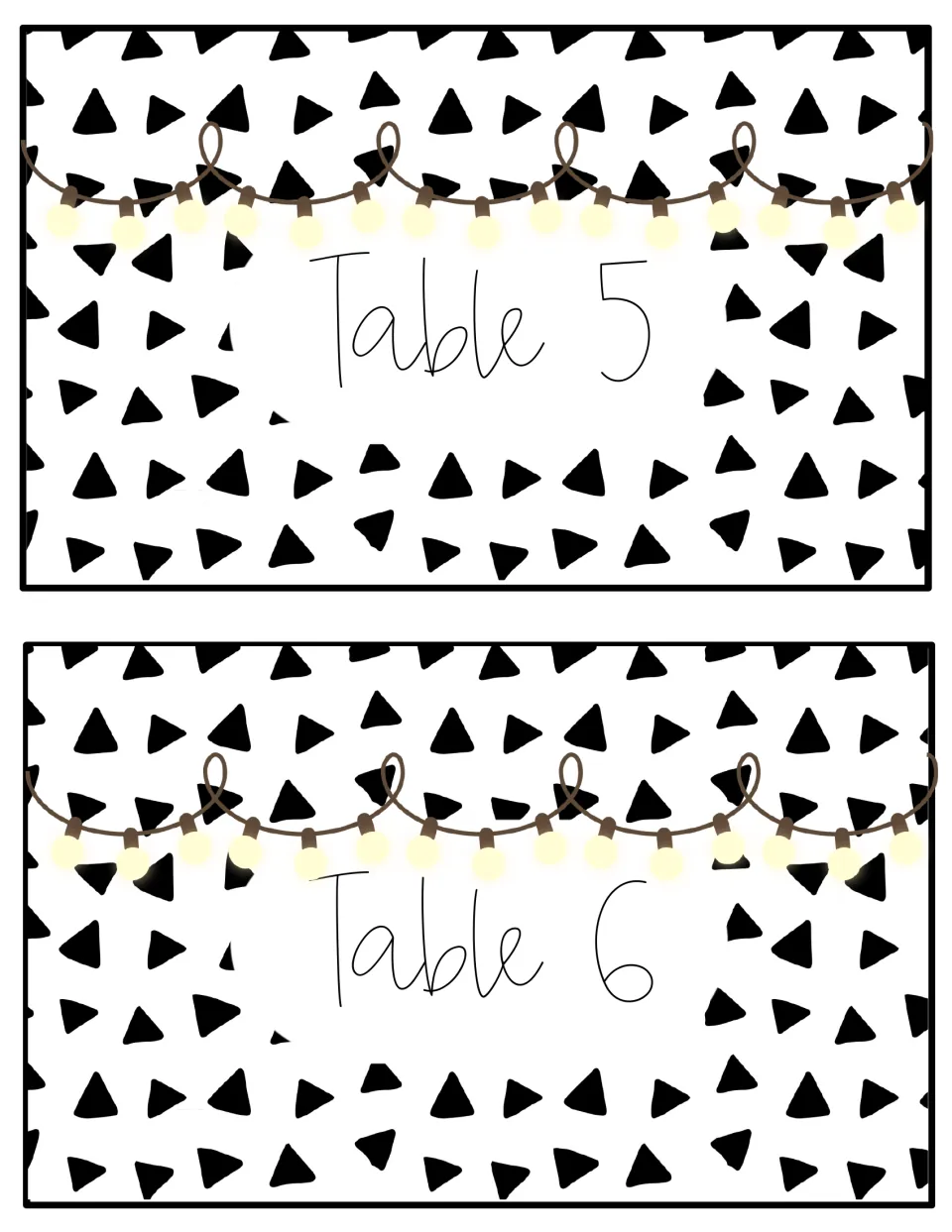 Table number signs 5 and 6 in the string-lights design, thin script numbers set below a row of glowing bulbs