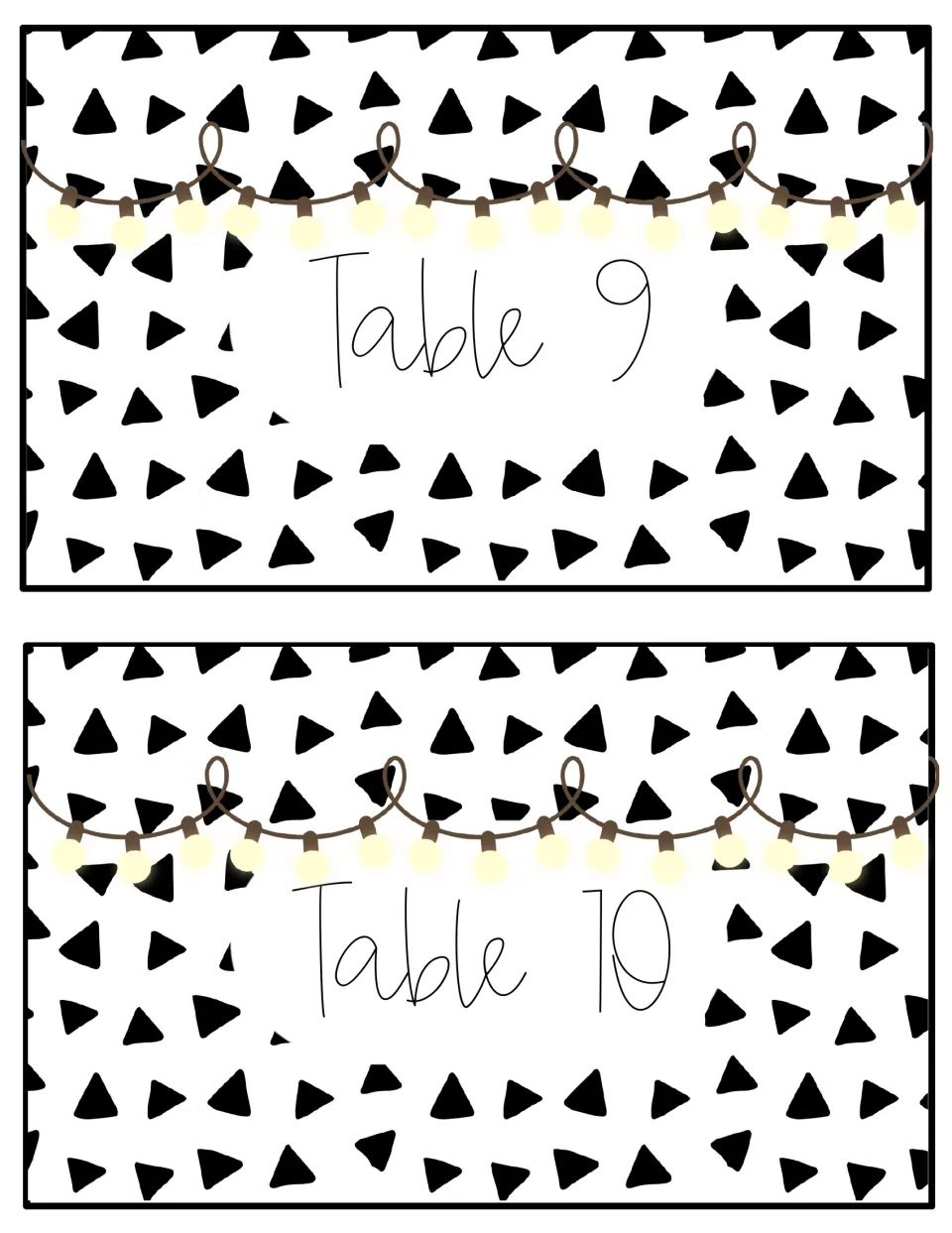 Table number signs 9 and 10 closing the black-and-white set, script labels beneath string lights on a triangle print