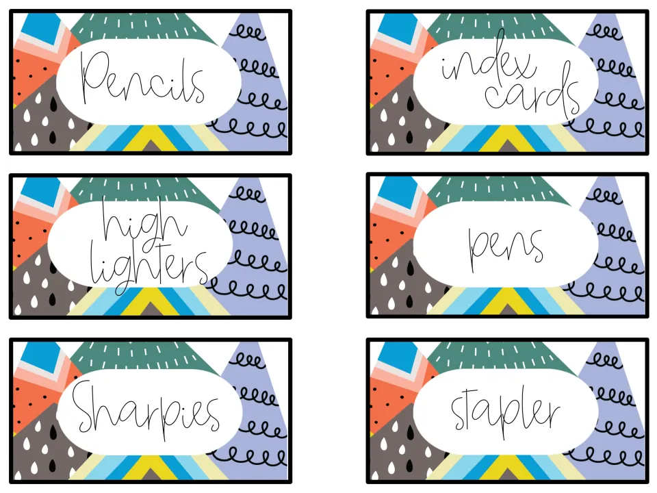 Colorful Scandinavian-pattern supply labels for pencils, index cards, highlighters, pens, Sharpies and a stapler