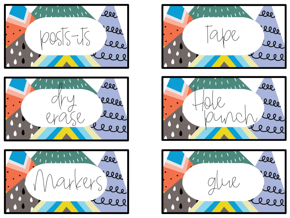 Colorful drawer labels with a geometric pattern for post-its, tape, dry erase, hole punch, markers and glue