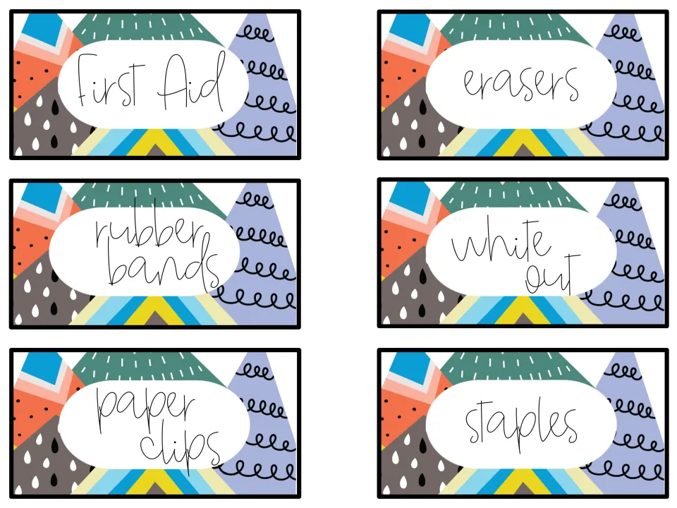 Colorful supply labels for first aid, erasers, rubber bands, white out, paper clips and staples in a modern pattern
