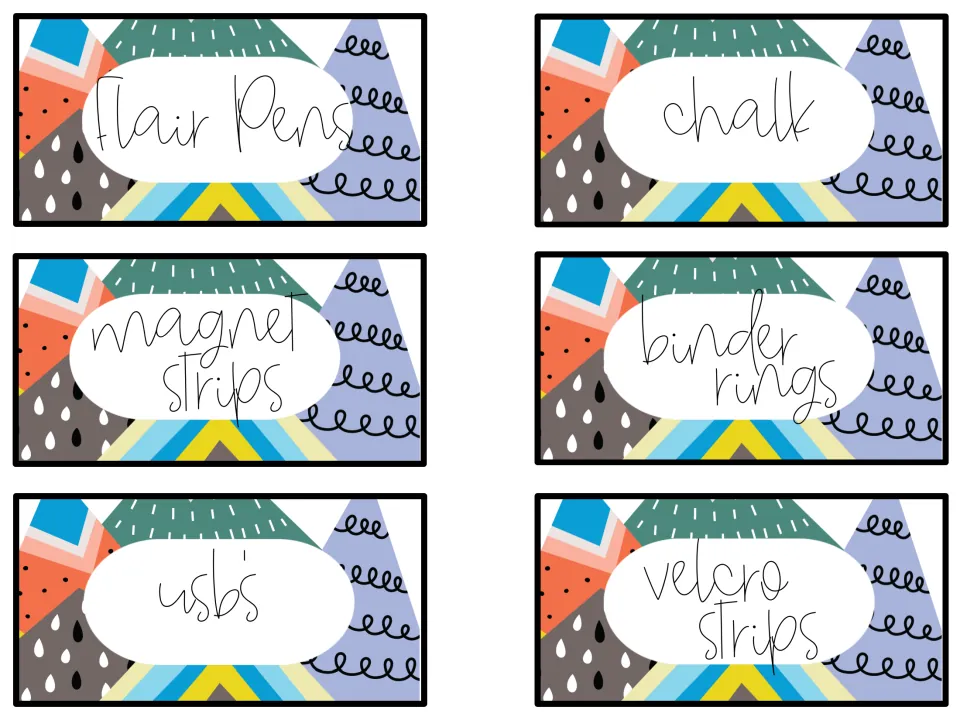 Colorful drawer labels naming Flair pens, chalk, magnet strips, binder rings, USBs and Velcro strips