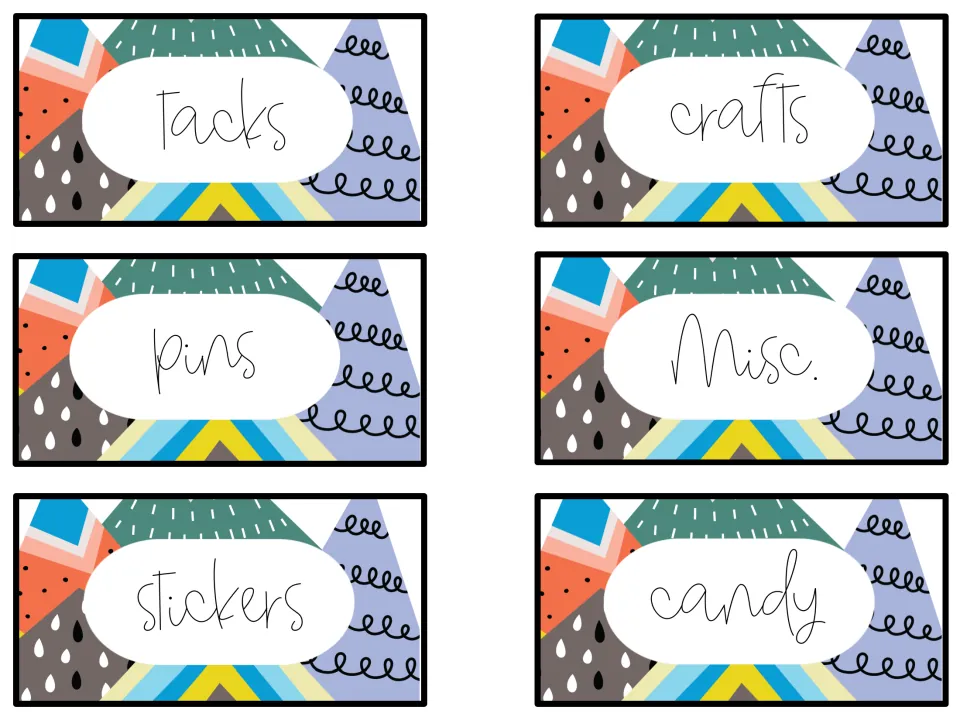 Colorful supply labels for tacks, crafts, pins, a Misc. drawer, stickers and candy on a Scandinavian-style pattern