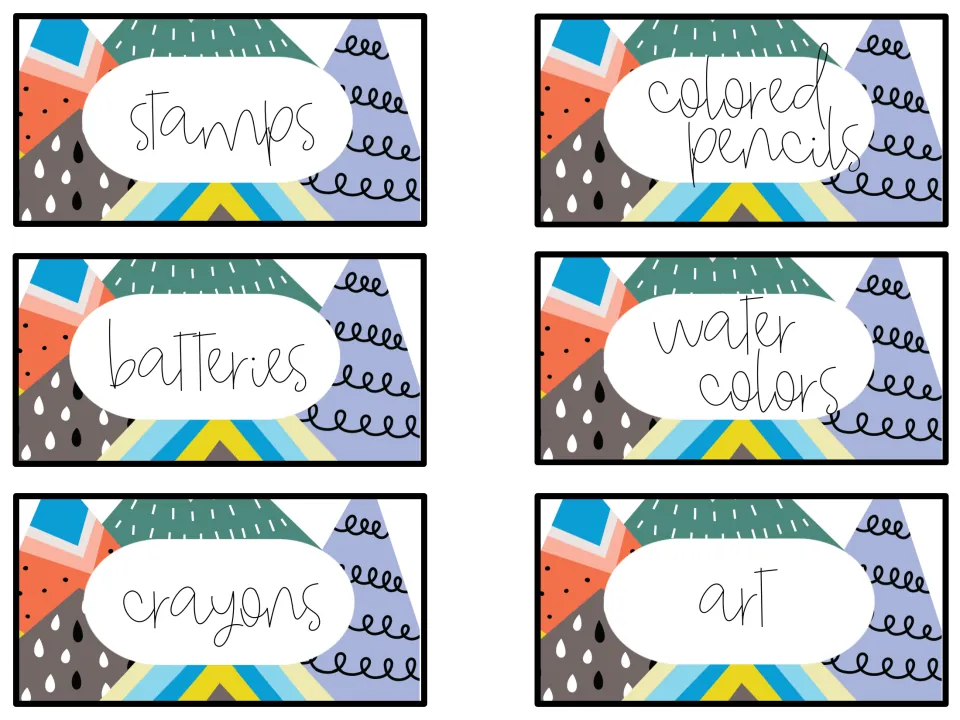 Colorful supply labels for stamps, colored pencils, batteries, watercolors, crayons and art on a geometric pattern
