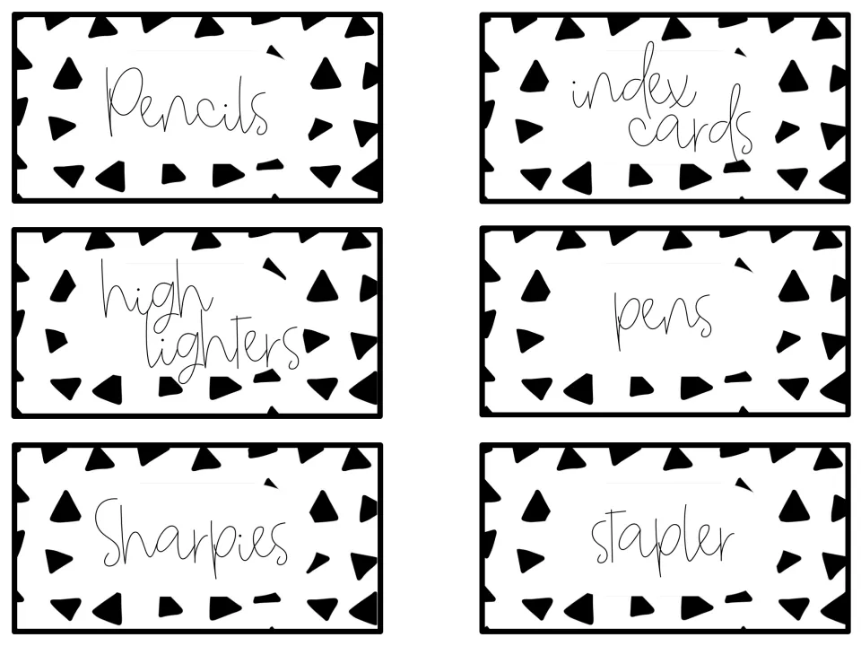Black-and-white triangle-pattern labels for pencils, index cards, highlighters, pens, Sharpies and a stapler