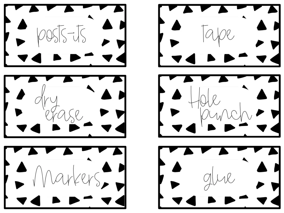 Black-and-white supply labels with scattered triangles for post-its, tape, dry erase, hole punch, markers and glue