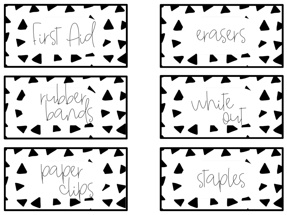 Black-and-white triangle labels for first aid, erasers, rubber bands, white out, paper clips and staples