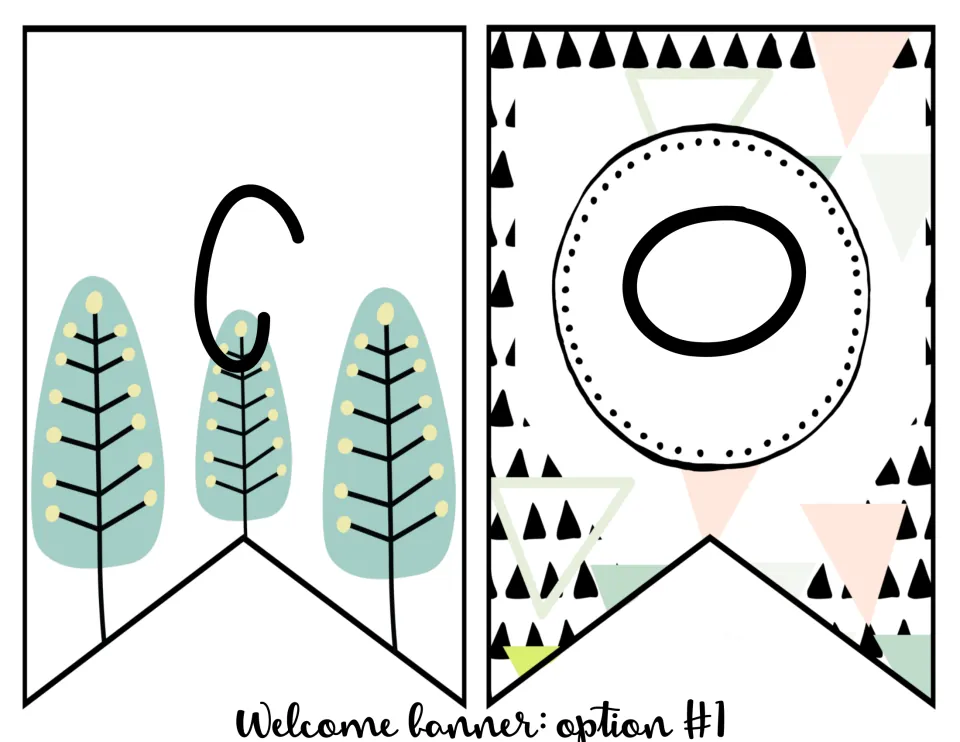 Welcome banner option 1 continues with the letters C and O on separate pennants for the middle of WELCOME.