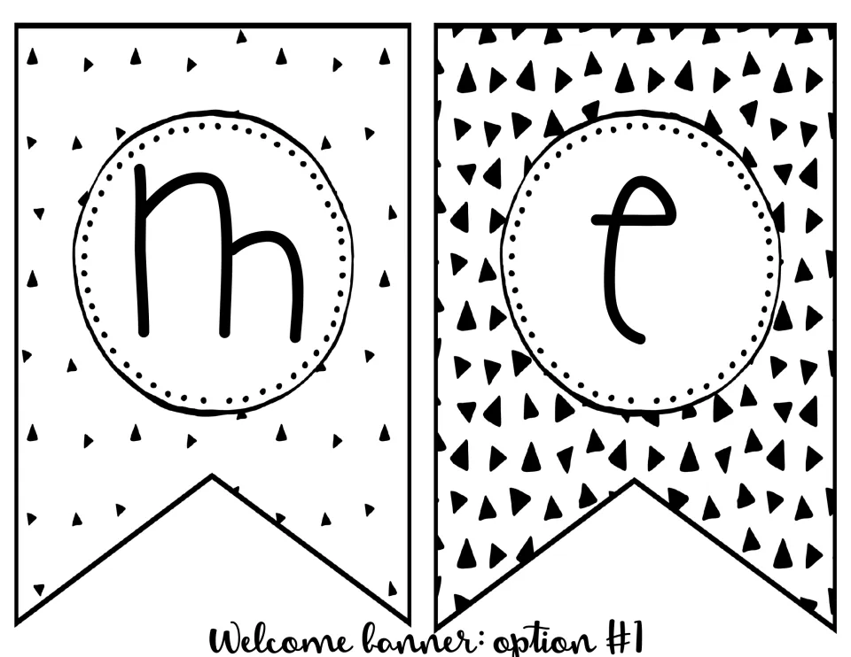 Welcome banner option 1 supplies the letters M and E on separate pennants to complete the word WELCOME.