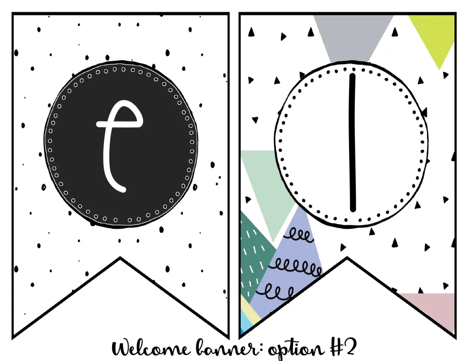 Welcome banner option 2 continues with the letters E and L on separate pennants, spelling the next part of WELCOME.