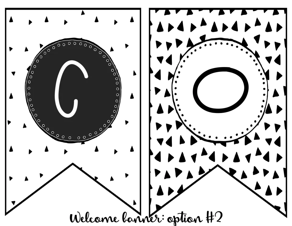 Welcome banner option 2 continues with the letters C and O on separate pennants for the middle of WELCOME.