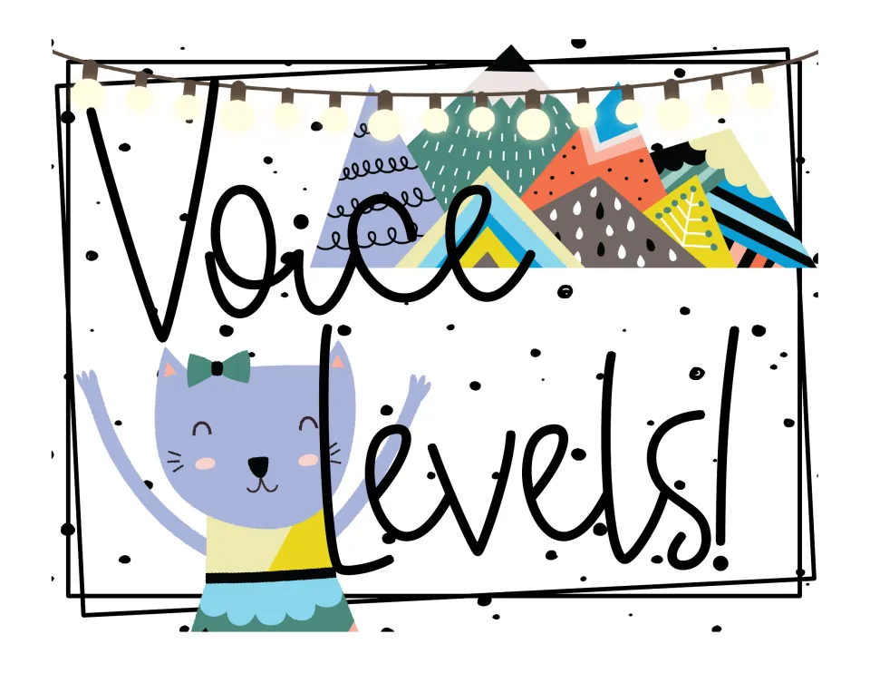 Voice Levels! header sign with a smiling purple cat, string lights and patterned Scandinavian-style mountains