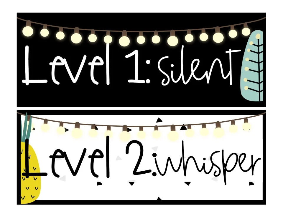 Voice level strips: Level 1 silent in white on black and Level 2 whisper in black on white, with tree and pineapple art