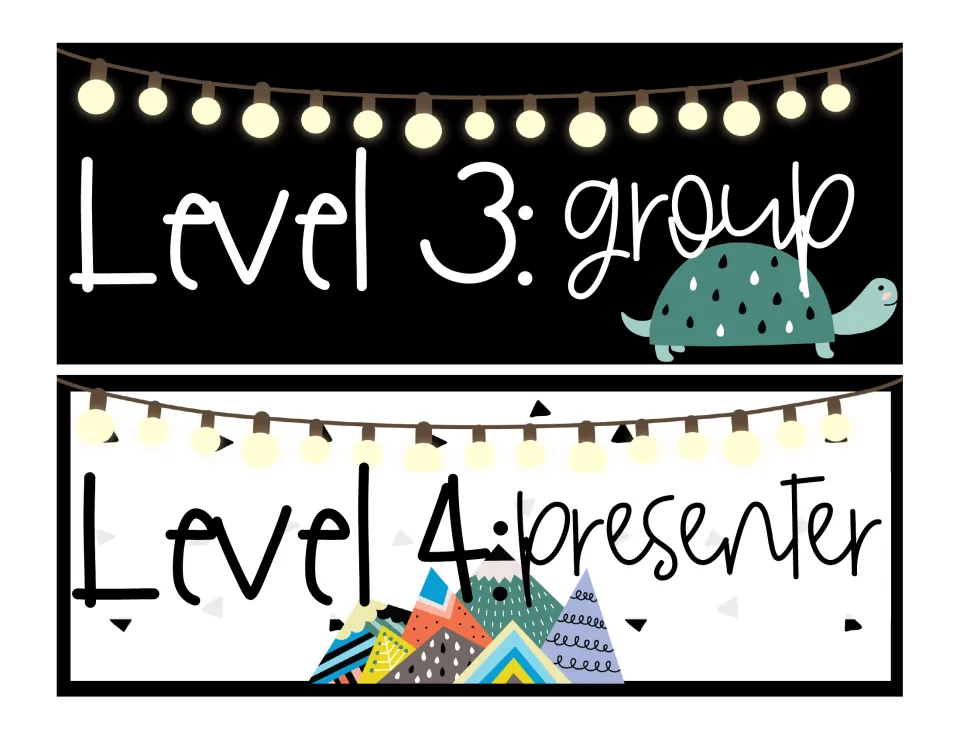 Voice level strips: Level 3 group in white on black with a turtle, and Level 4 presenter on white with mountains