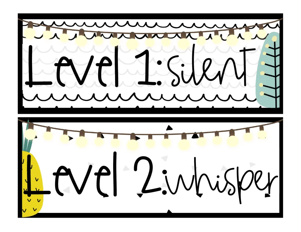 Light versions of voice levels: Level 1 silent on a scalloped white strip with a tree, Level 2 whisper with a pineapple