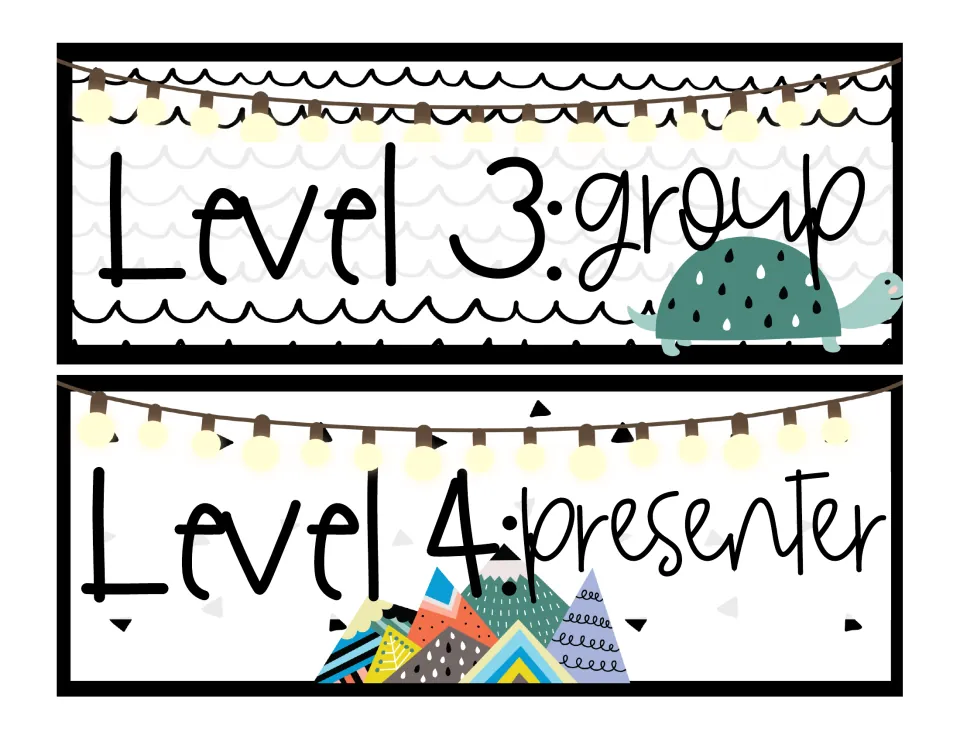Light versions of the upper levels: Level 3 group on scalloped white with a turtle, Level 4 presenter with mountains