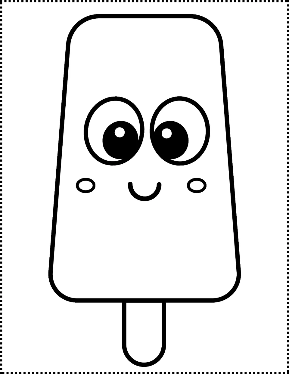 Smiling popsicle character with big eyes, cheeks and a stick, drawn as a full-page black outline for students to color