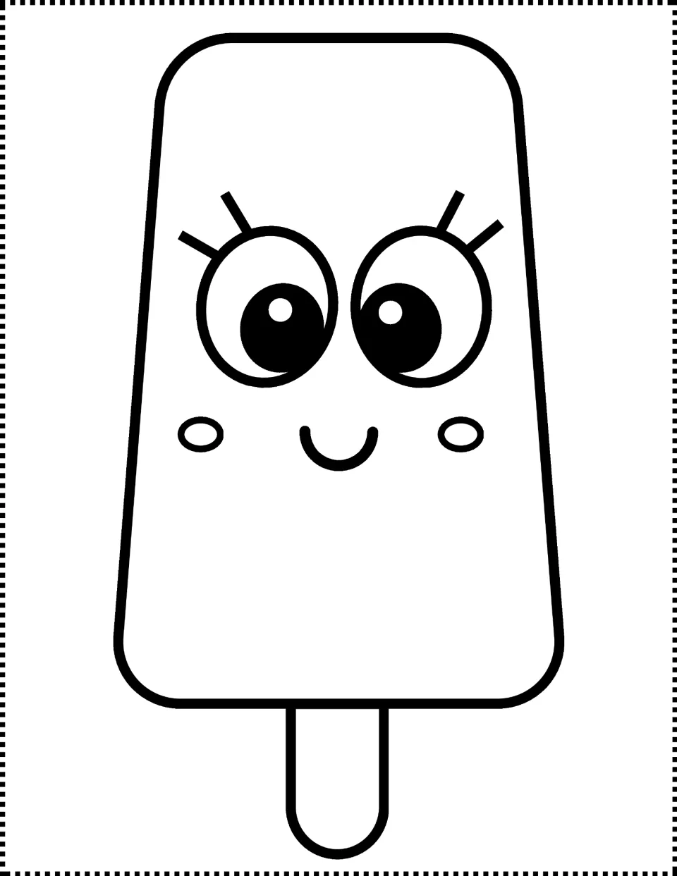 Popsicle face with eyelashes, big eyes, cheeks and a smile: a full-page outline variation for students to color