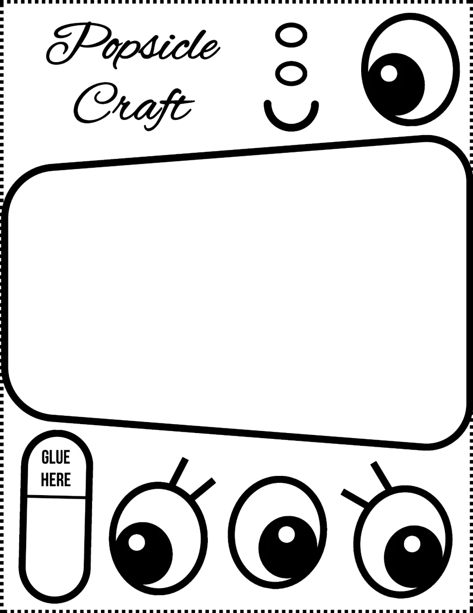 Popsicle Craft pieces: students cut out a popsicle top, a Glue Here stick, eyes with or without lashes, cheeks and a smile