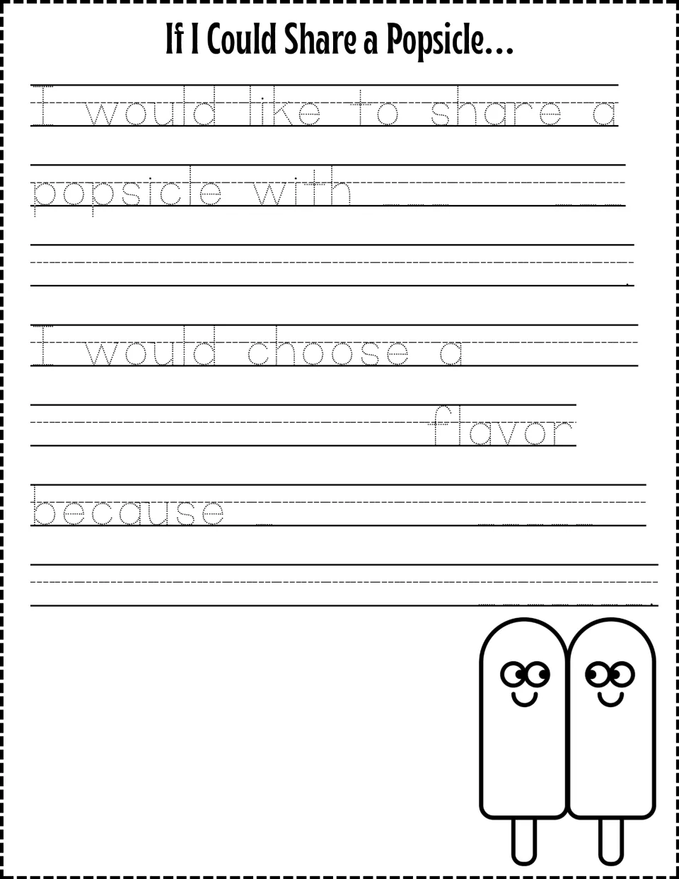 Sentence frames on sharing a popsicle: students trace the starters, then fill in a name, a flavor and a reason why