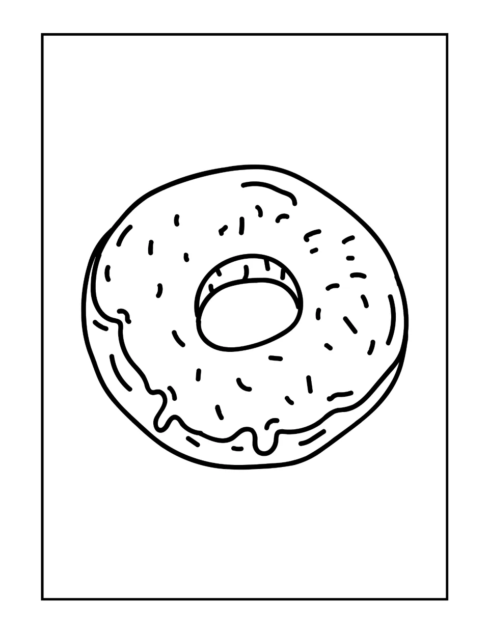 Glazed donut coloring page: students color a large outline of a donut with dripping icing and scattered sprinkles