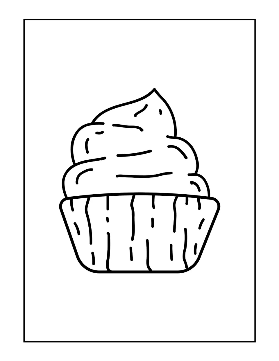 Cupcake coloring page: students color a cupcake topped with a tall swirl of frosting in a ribbed paper liner