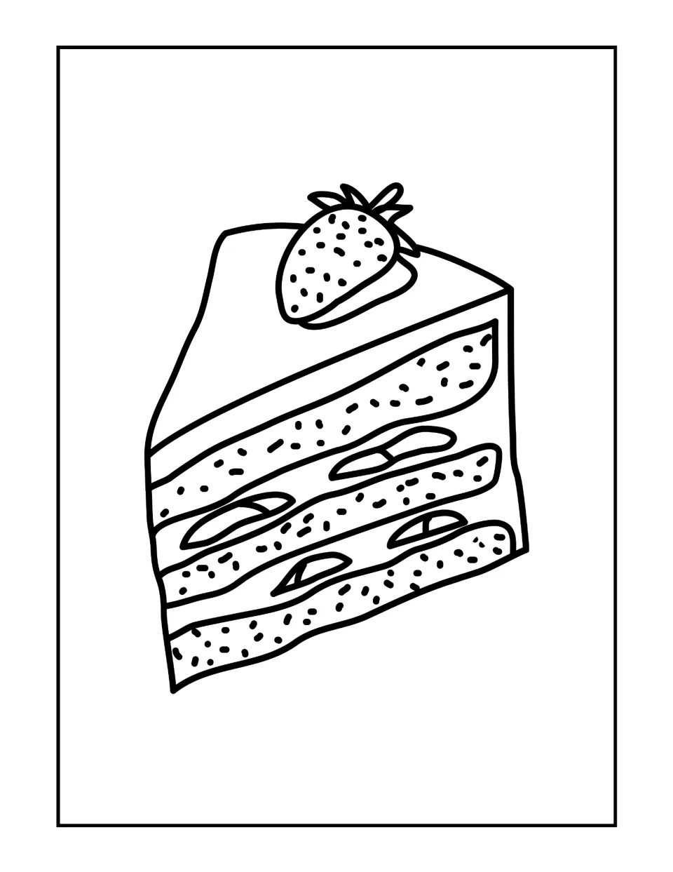 Strawberry cake slice coloring page: students color a layered wedge of cake with fruit filling and a berry on top