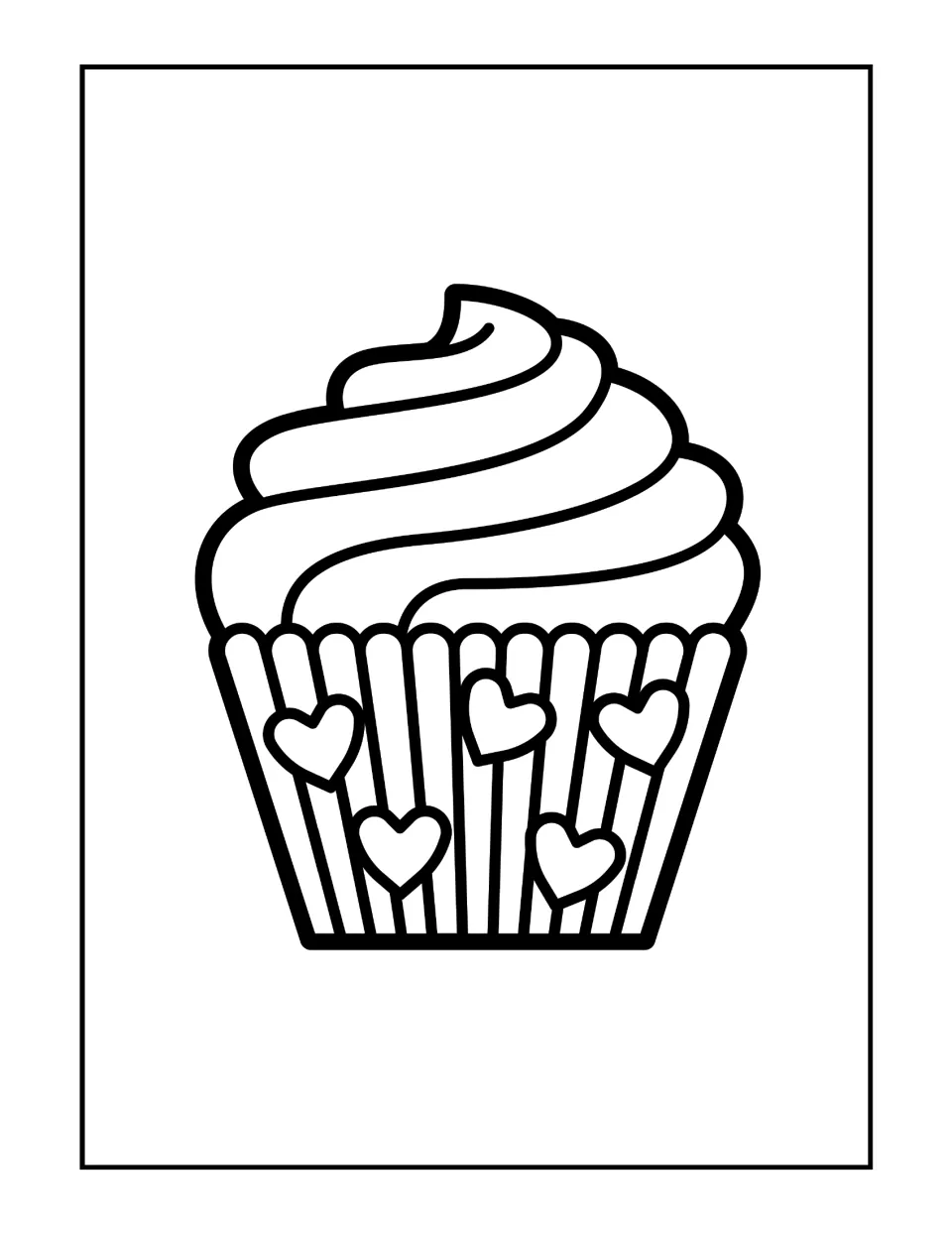 Heart cupcake coloring page: students color a swirled-frosting cupcake whose striped liner is decorated with hearts