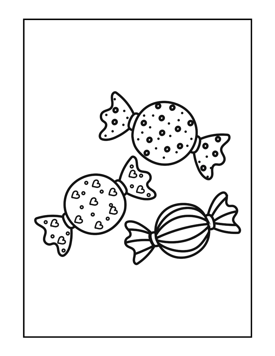 Wrapped candies coloring page: students color three twist-wrapped sweets patterned with dots, hearts and stripes