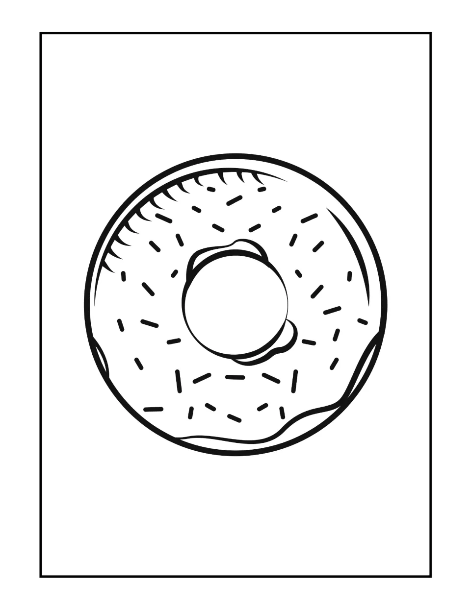 Sprinkle donut coloring page: students color a round donut with a frosting layer that drips over one side