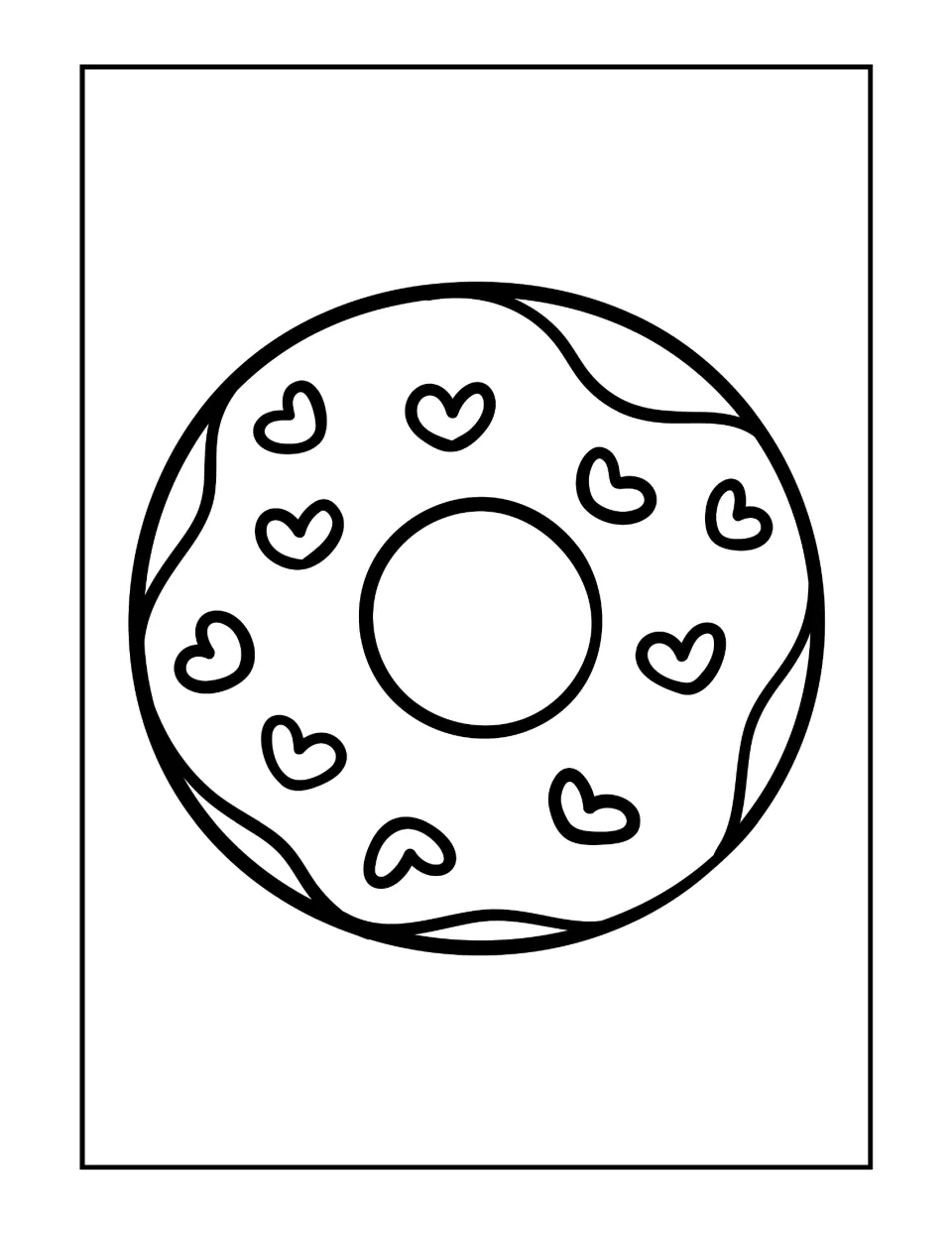 Heart-sprinkle donut coloring page: students color a donut whose wavy icing is dotted with small heart shapes