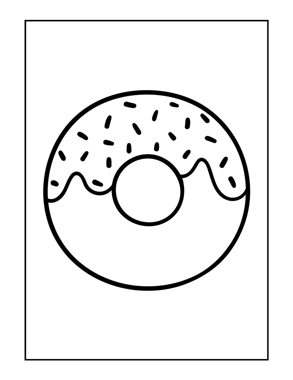 Half-iced donut coloring page: students color a donut with frosting and sprinkles across the top and a plain lower half