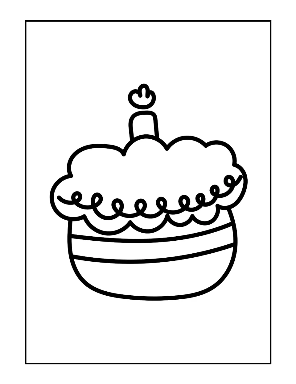 Candle cupcake coloring page: students color a puffy-frosted cupcake with a looped trim and one lit candle on top
