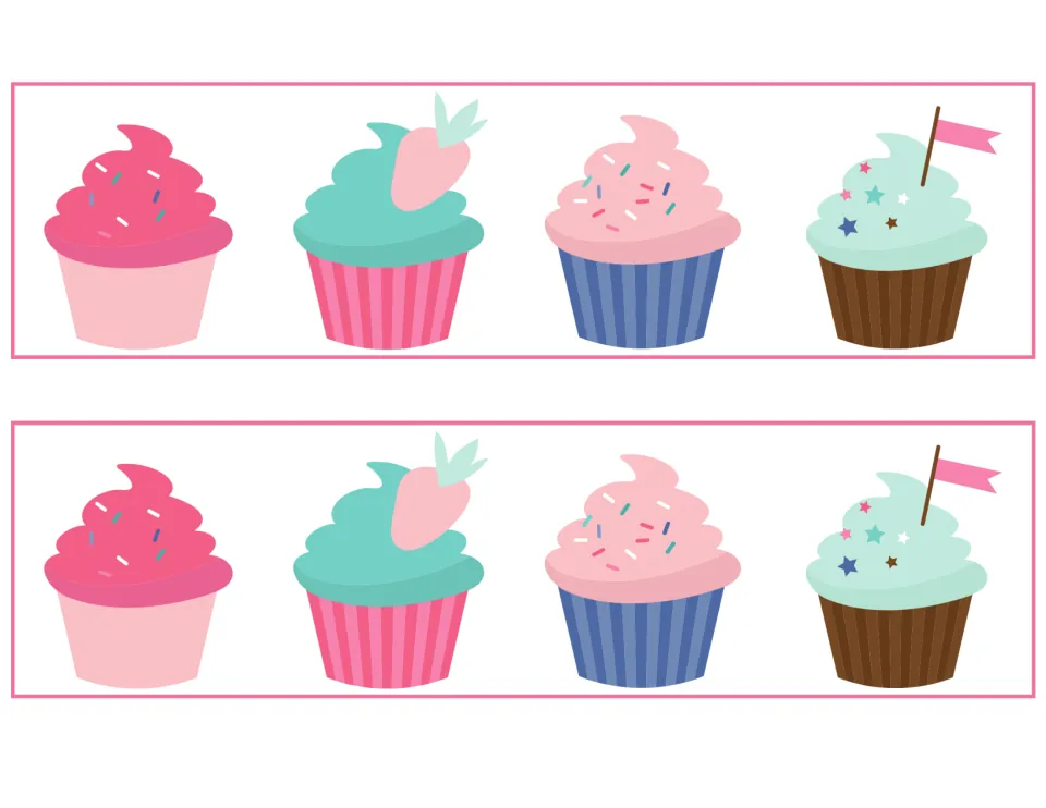 Two cupcake-pattern bulletin board strips, each featuring four cupcakes with different frosting designs
