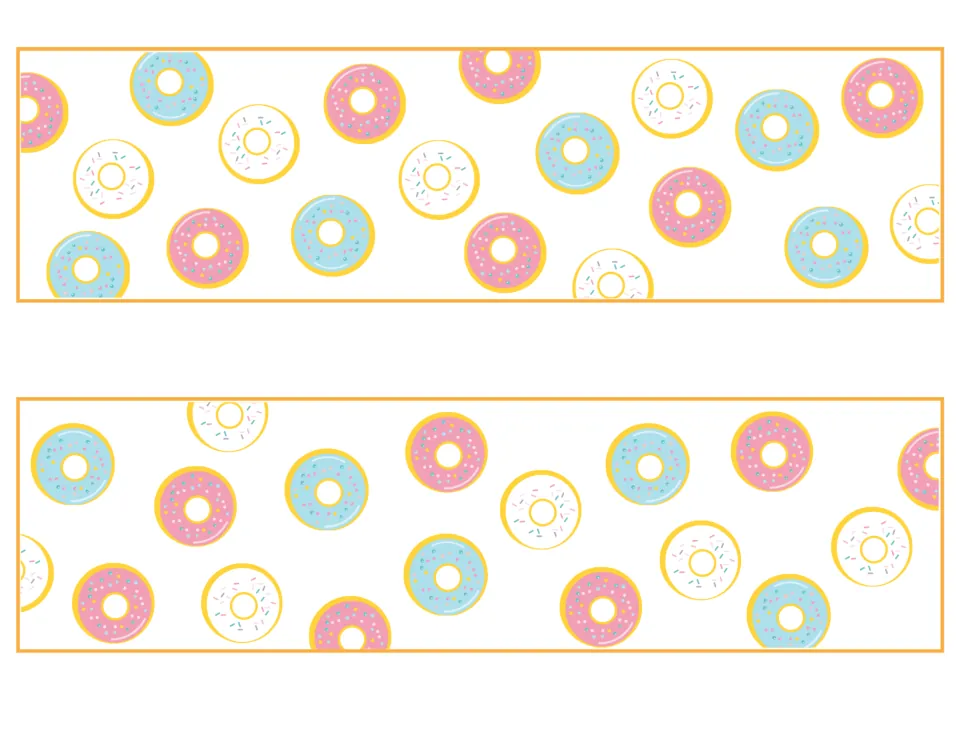 Two donut-pattern bulletin board strips featuring scattered donuts with pink, blue, and white frosting