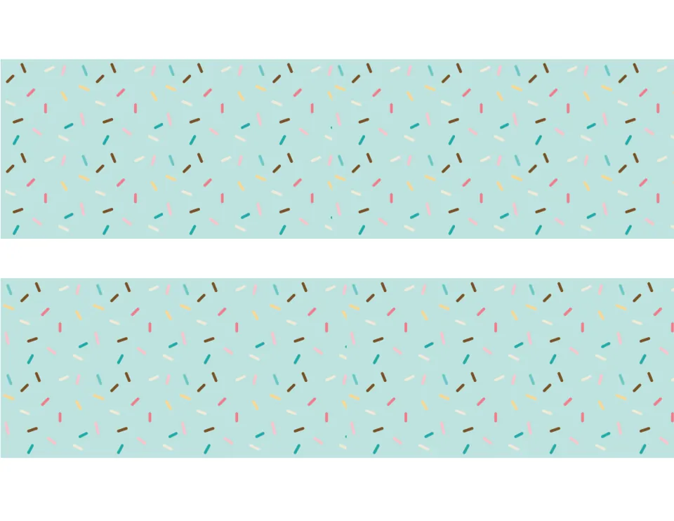 Two mint-colored bulletin board border strips covered in multicolored sprinkles for the dessert decor set